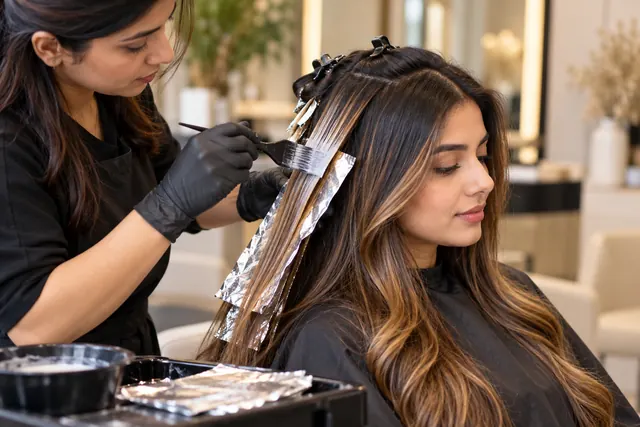 Colourist applying caramel balayage with foils