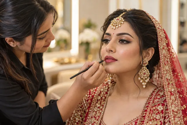 Makeup artist applying lipstick to a bride in a red lehenga