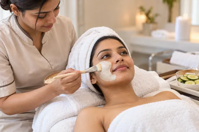 Facial mask being applied, with cucumber slices beside
