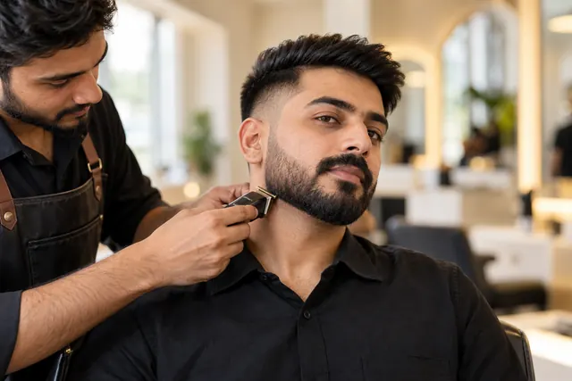 Barber trimming a client's beard