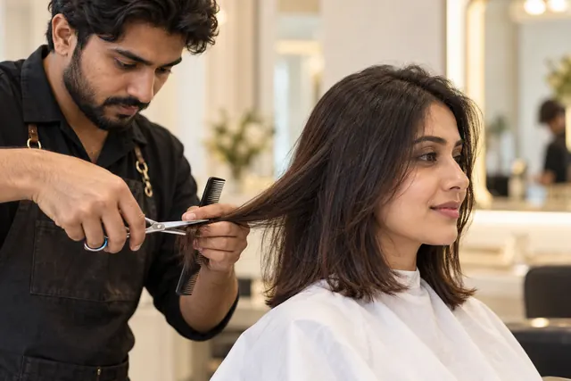 Stylist cutting a client's shoulder-length hair