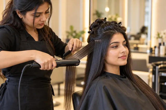 Stylist smoothing long hair with a comb and flat iron after keratin