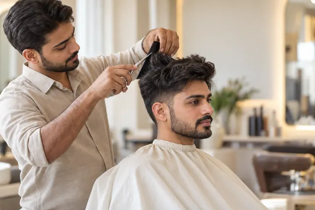 Barber giving a scissor-over-comb haircut