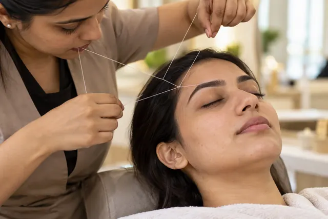 Beautician shaping eyebrows with thread