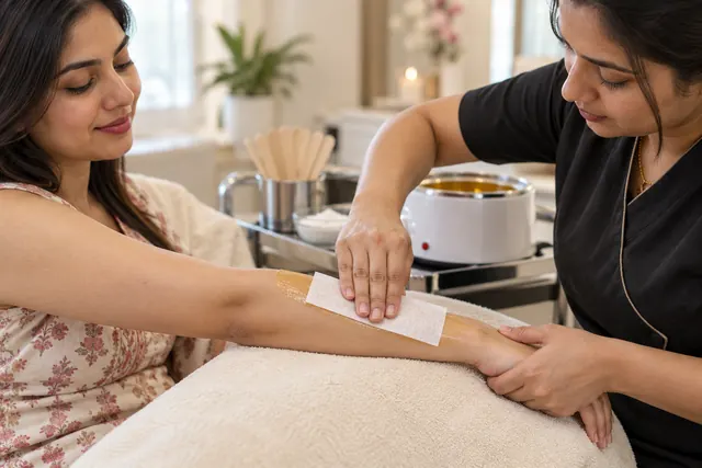 Wax strip being pressed onto a client's forearm